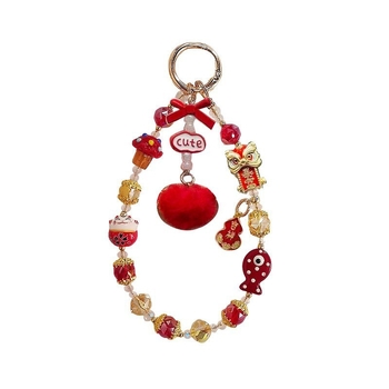 Lanț pentru telefon cu bulină pufoasă și mărgele — lucrat manual, plastic/rășină, stil chinezesc cu pisică norocoasă și imprimeu cu animale mici