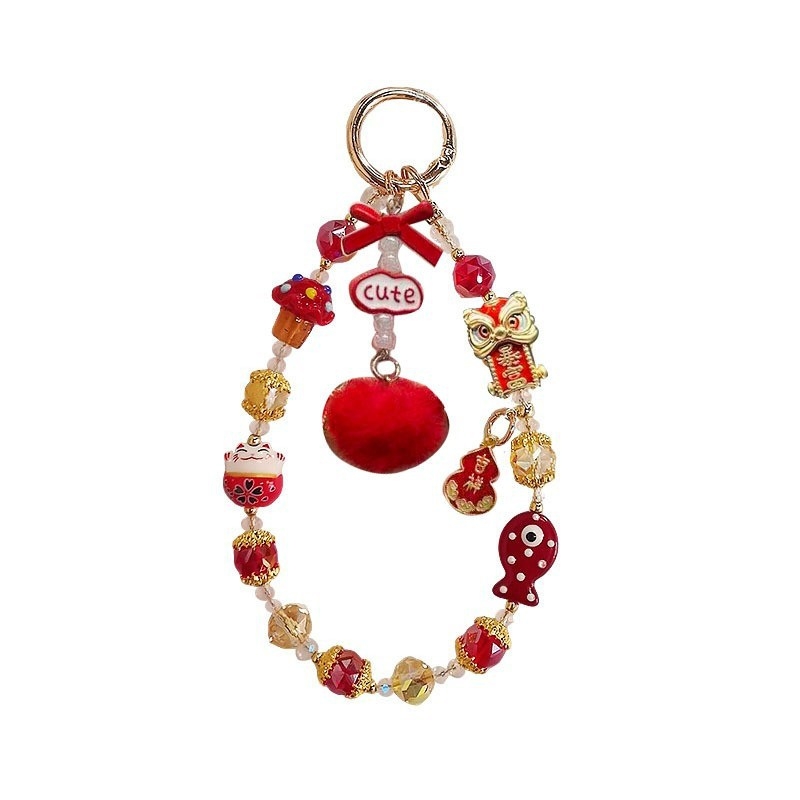 Lanț pentru telefon cu bulină pufoasă și mărgele — lucrat manual, plastic/rășină, stil chinezesc cu pisică norocoasă și imprimeu cu animale mici