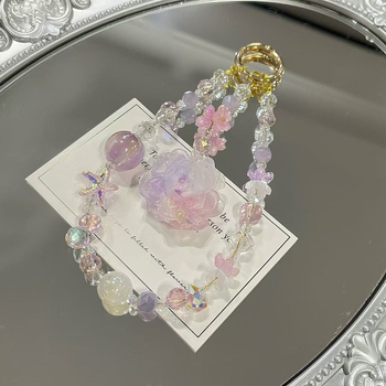 Lančić za mobitel s ručno izrađenim perlicama, umjetni kristal i smola, uzorak biljaka i cvijeća, jesen 2025 izdanje