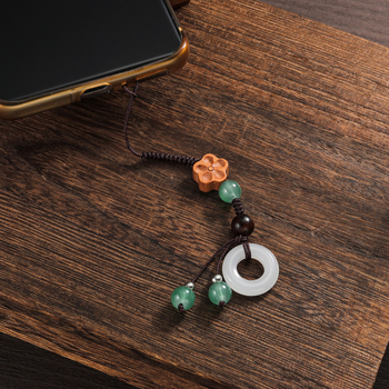 Lanț de telefon pentru femei în stil chinezesc — pandantiv din lemn cu floare din sticlă, țesătură din ață cerată, rezistent la apă