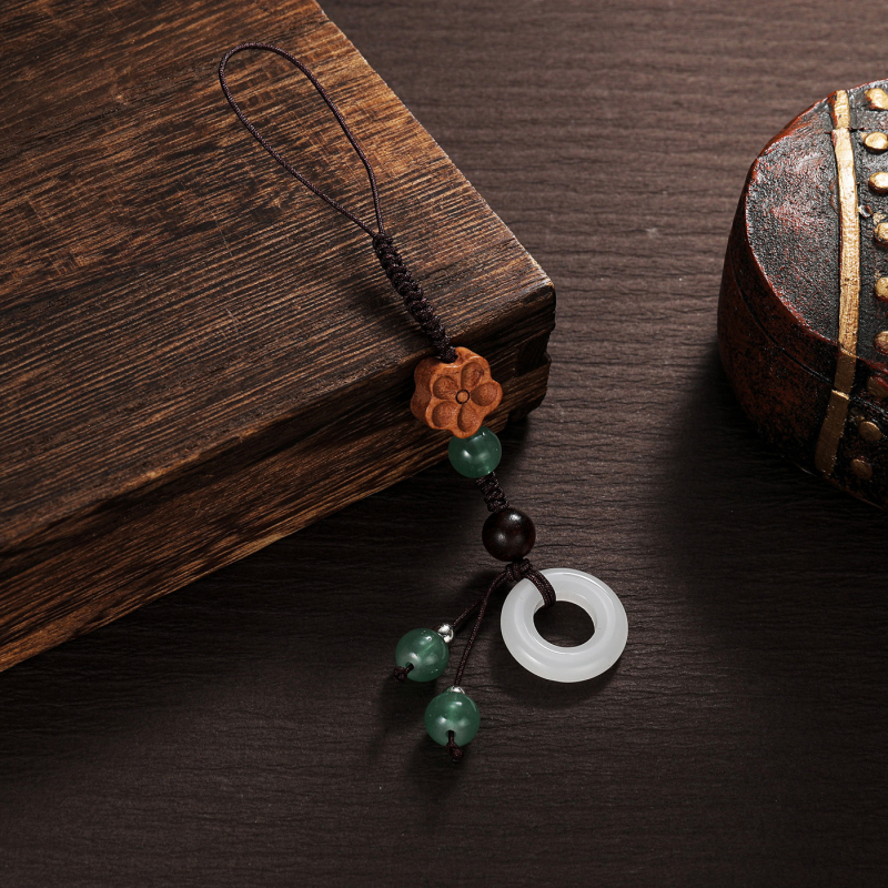 Lanț de telefon pentru femei în stil chinezesc — pandantiv din lemn cu floare din sticlă, țesătură din ață cerată, rezistent la apă