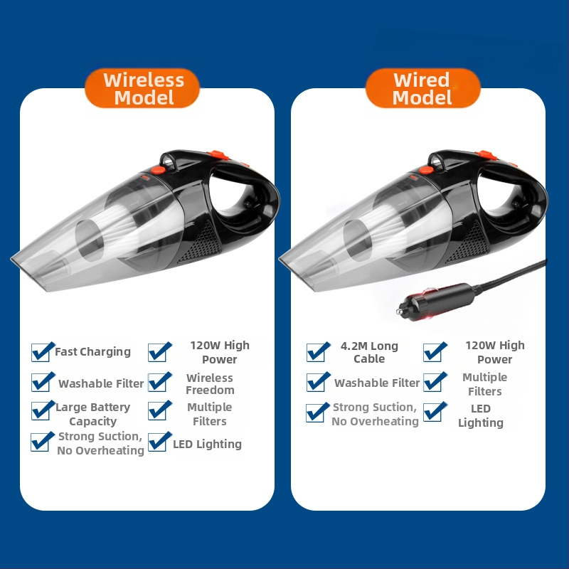 Портативна автомобилна прахосмукачка с LED осветление, 12V, 120W, 9000 Pa, презареждаща се, кабел 420 cm, Bymaocar