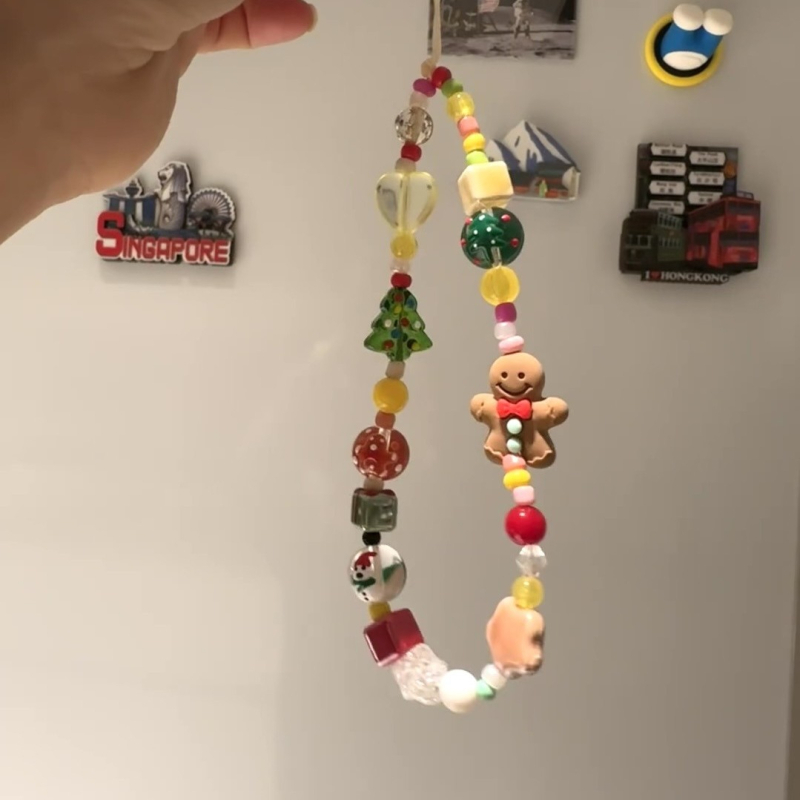 Božićni lik od medenjaka s perlicama za lanac mobilnog telefona, smola, ručna izrada, prilagodljivo, PVC užad s plastičnim kopčama