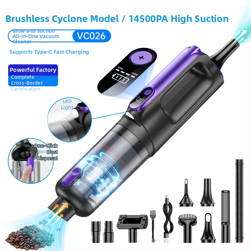 Преносим безжичен прахосмукачка за автомобил с 16000Pa всмукване, 12V, 100W, презареждаем, цифров дисплей