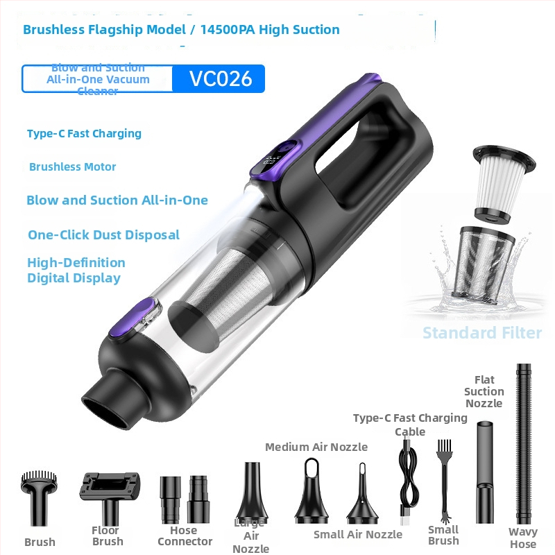 Преносим безжичен прахосмукачка за автомобил с 16000Pa всмукване, 12V, 100W, презареждаем, цифров дисплей