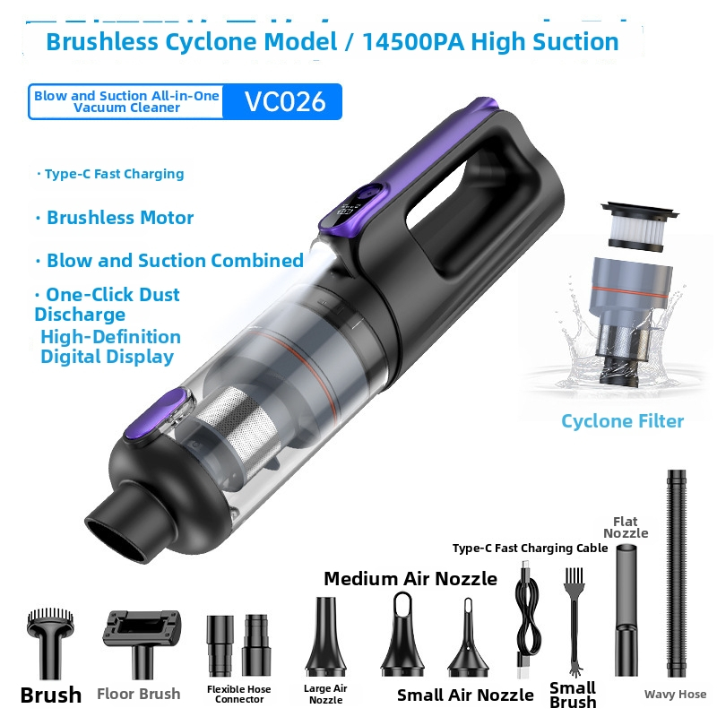 Преносим безжичен прахосмукачка за автомобил с 16000Pa всмукване, 12V, 100W, презареждаем, цифров дисплей