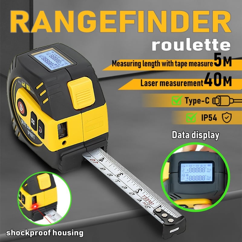 2-в-1 лазерен измервател на разстоянието и рулетка, ръчен инфрачервен електронен измервателен инструмент, висока прецизност, за измерване в помещения
