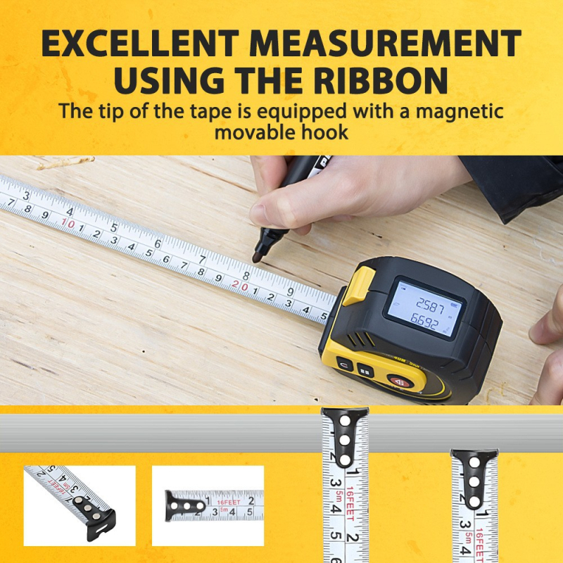 2-в-1 лазерен измервател на разстоянието и рулетка, ръчен инфрачервен електронен измервателен инструмент, висока прецизност, за измерване в помещения