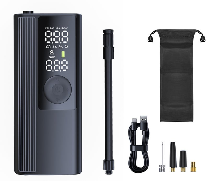 Автомобилна въздушна помпа с едноцилиндров двигател, вградена LED светлина и манометър за гуми, 12V, 80W, 30 л/мин