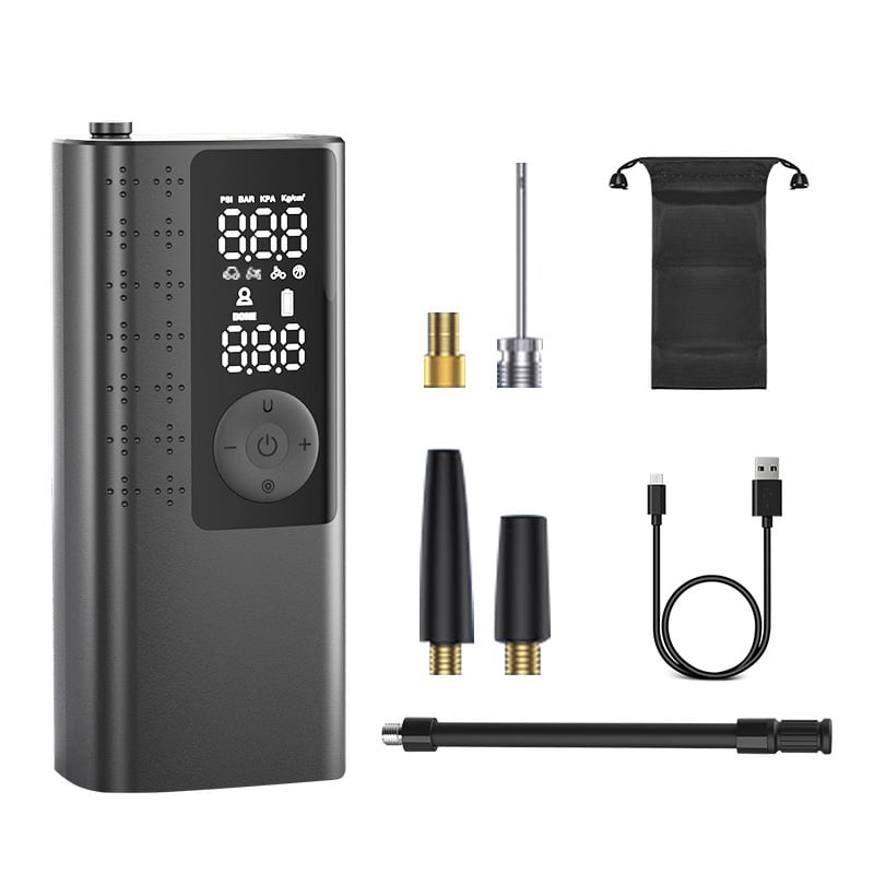 Автомобилна въздушна помпа с едноцилиндров двигател, вградена LED светлина и манометър за гуми, 12V, 80W, 30 л/мин