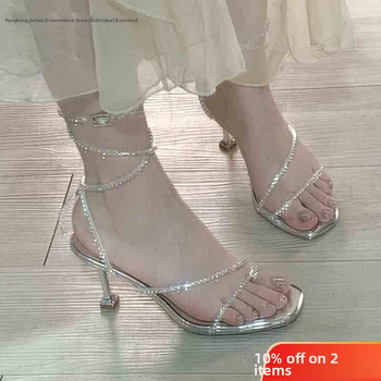 T-juostos sandalai su kristalais, atvira pirštas, gyvatės formos dirželiai, stiletto kulnas