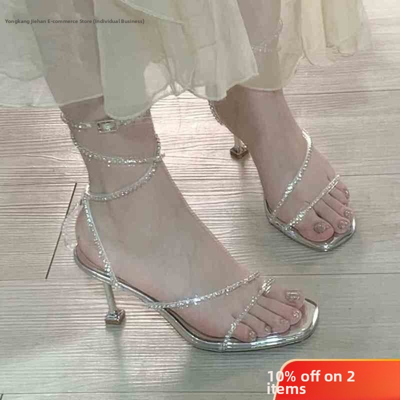 T-juostos sandalai su kristalais, atvira pirštas, gyvatės formos dirželiai, stiletto kulnas