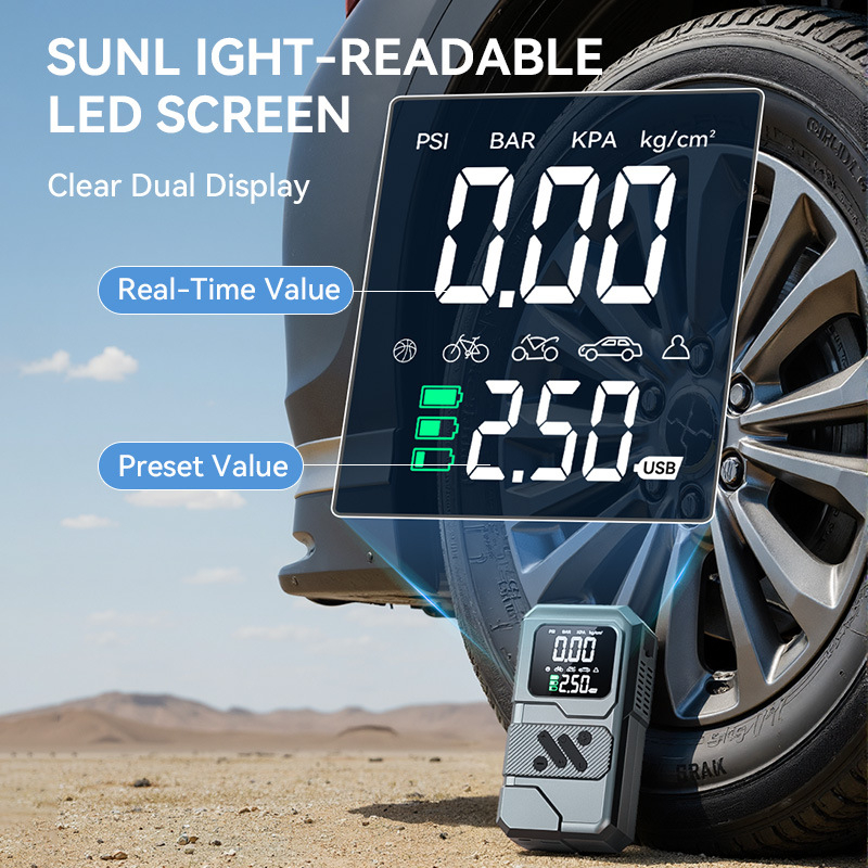 Портативна електрическа помпа за гуми с цифров дисплей, презареждаема 12V, USB зареждане, 30 л/мин, над 20 мин работа