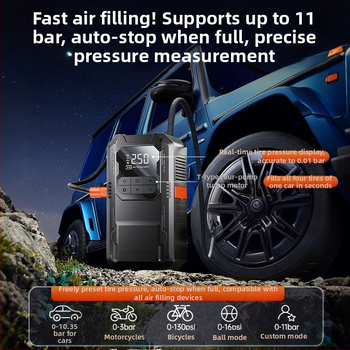 Automobilový štartér do núdze s integrovaným kompresorom — 14.8V, 100W, Digitálny displej, USB nabíjanie, Tlaku pneumatík