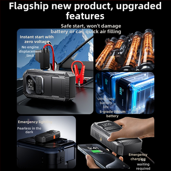 Automobilový štartér do núdze s integrovaným kompresorom — 14.8V, 100W, Digitálny displej, USB nabíjanie, Tlaku pneumatík