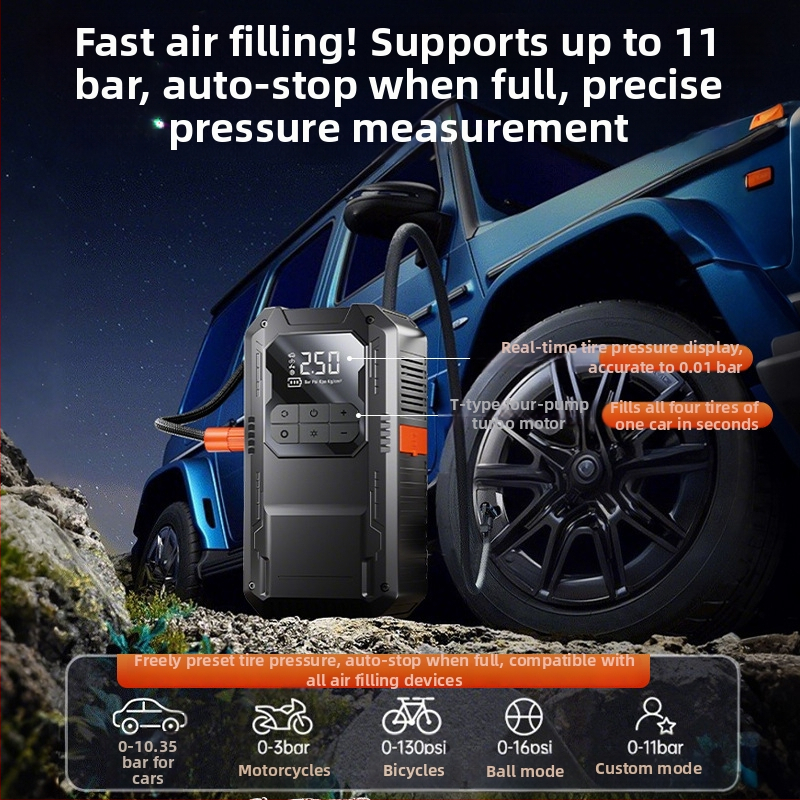 Automobilový štartér do núdze s integrovaným kompresorom — 14.8V, 100W, Digitálny displej, USB nabíjanie, Tlaku pneumatík