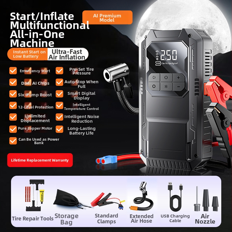 Automobilový štartér do núdze s integrovaným kompresorom — 14.8V, 100W, Digitálny displej, USB nabíjanie, Tlaku pneumatík