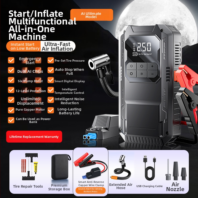 Automobilový štartér do núdze s integrovaným kompresorom — 14.8V, 100W, Digitálny displej, USB nabíjanie, Tlaku pneumatík