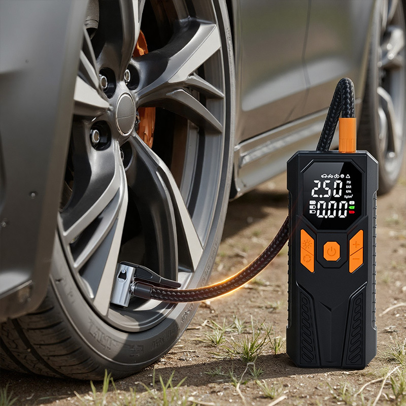 Автомобилна въздушна помпа с цифров дисплей, автоматично спиране, манометър за налягането в гумите, осветление, захранване Type-C 5V/2A