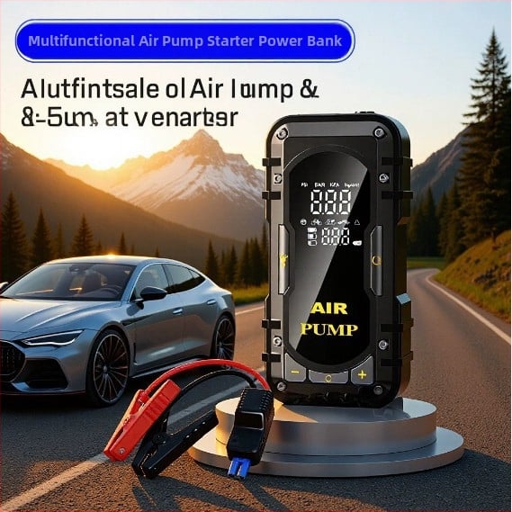 Автомобилен стартер за аварийно запалване с USB захранване и преносима помпа за надуване – 12V, 100W, 70 л/мин, цифров дисплей, 20+ минути работа