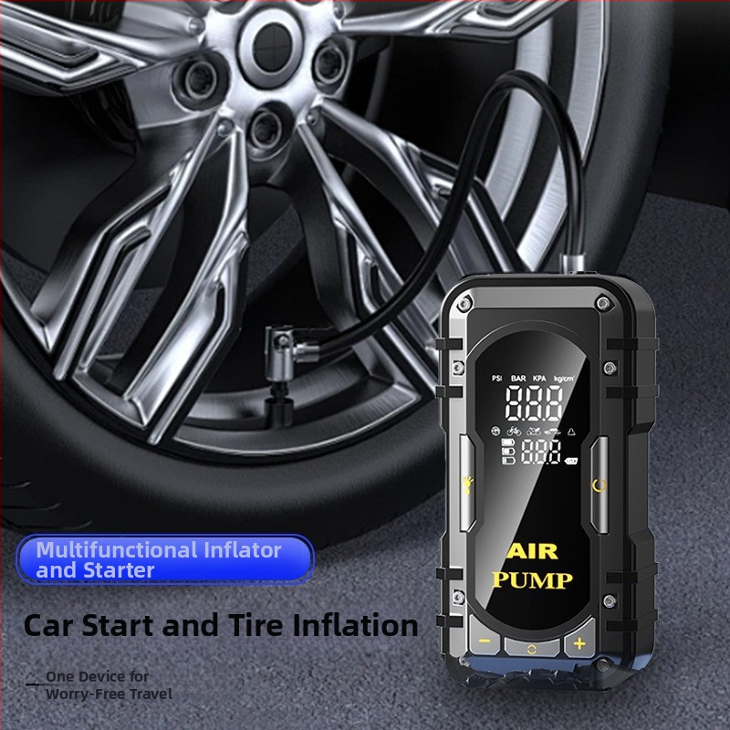 Автомобилен стартер за аварийно запалване с USB захранване и преносима помпа за надуване – 12V, 100W, 70 л/мин, цифров дисплей, 20+ минути работа