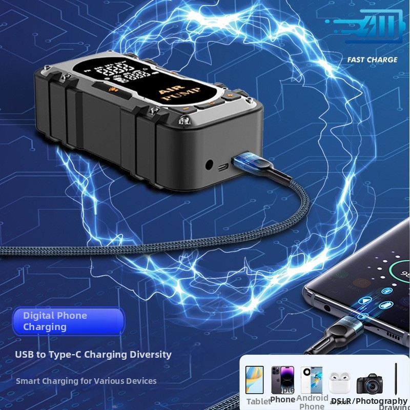 Автомобилен стартер за аварийно запалване с USB захранване и преносима помпа за надуване – 12V, 100W, 70 л/мин, цифров дисплей, 20+ минути работа