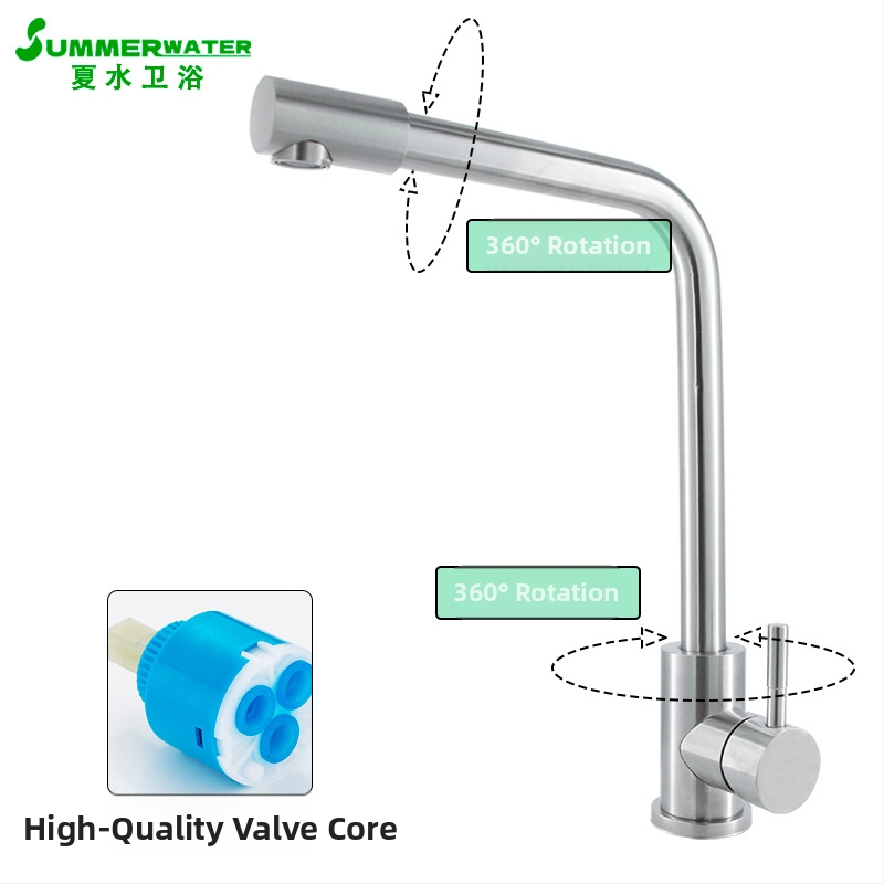 304 rozsdamentes acél konyhai csaptele, meleg és hideg, forgatható, kerámiás szeleppel, ecsetelt felülettel