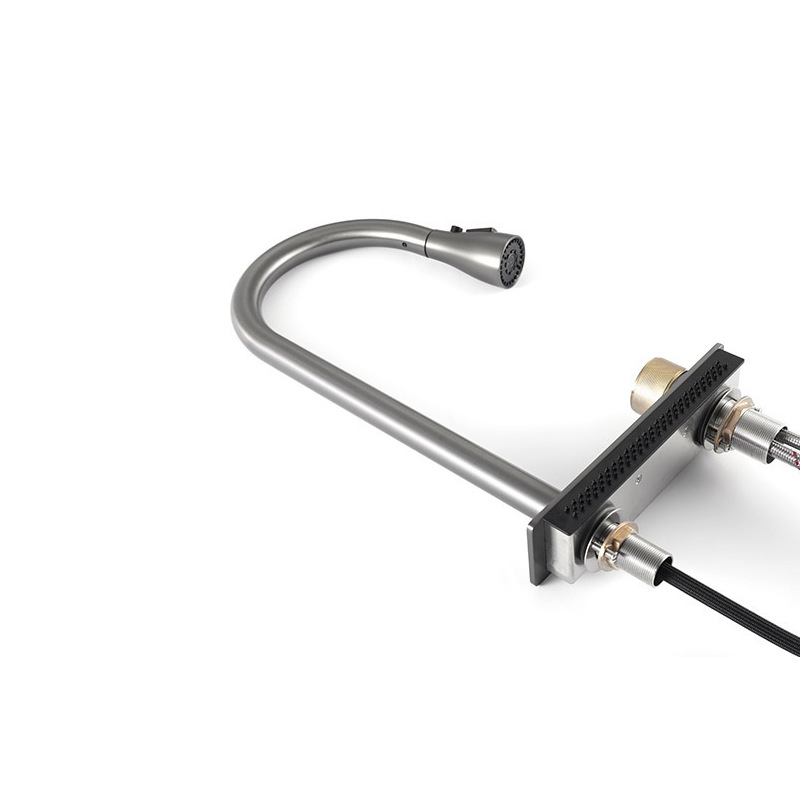 Konyhai kihúzható mosogatótáp, satinált 304 rozsdamentes acél, forró és hideg víz, kétlyukú beépítés