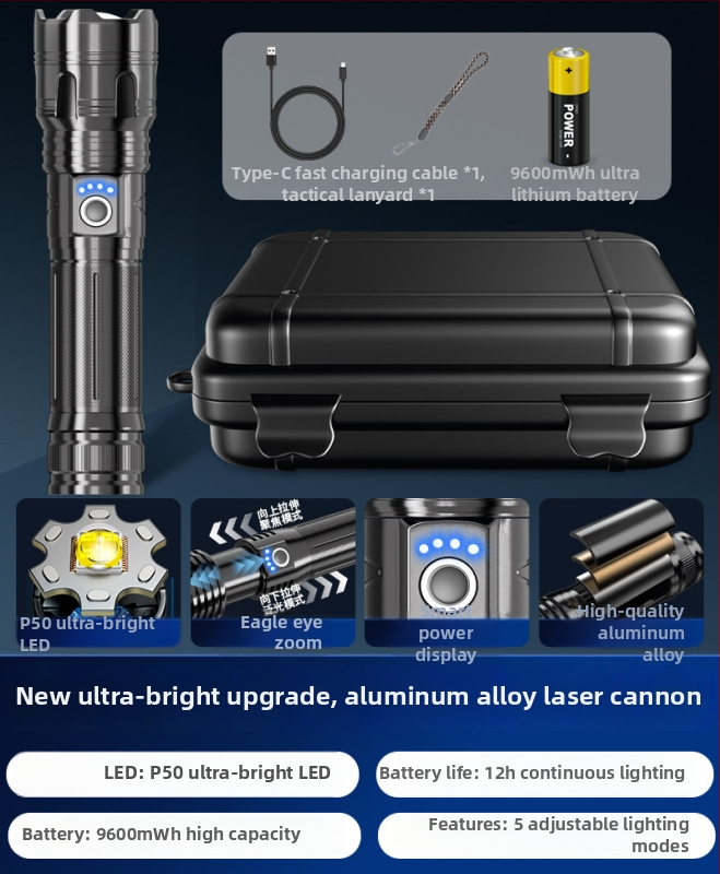 Punojiva svjetiljka s dometom zrake 100–200 m, 350+ lm, 360° rotacija, ugrađeni punjač, pogodna za vanjsku upotrebu