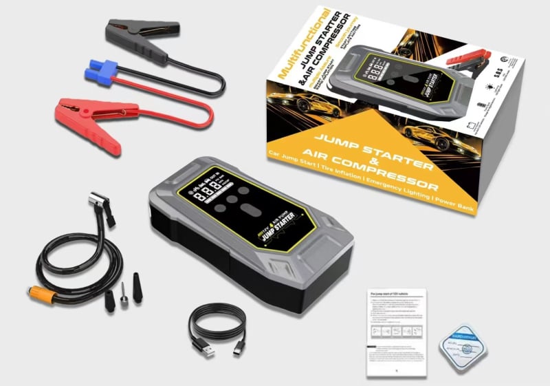 12V-os autó vészkezdeti tápellátás — All-in-One töltő légpumpával, 12V bemenet/kimenet, CE/FCC/MSDS UN38.3 tanúsítvány