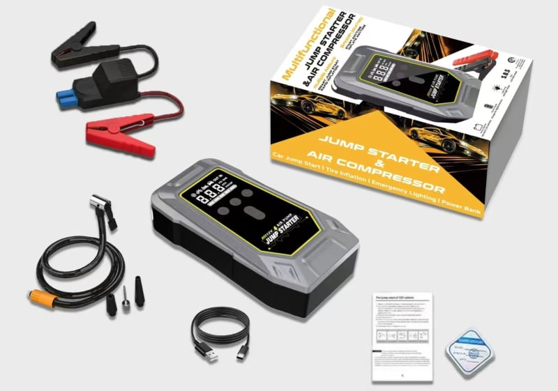 12V-os autó vészkezdeti tápellátás — All-in-One töltő légpumpával, 12V bemenet/kimenet, CE/FCC/MSDS UN38.3 tanúsítvány