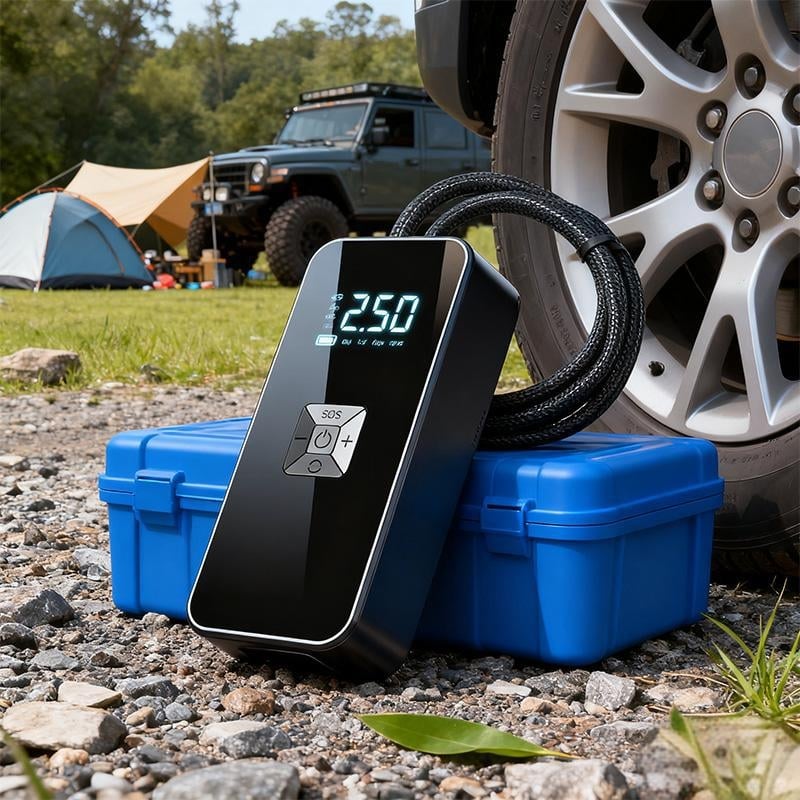 Автомобилен преносим безжичен компресор за гуми с цифров дисплей (12V | 25 л/мин | USB зареждане | LED осветление | манометър за налягането)