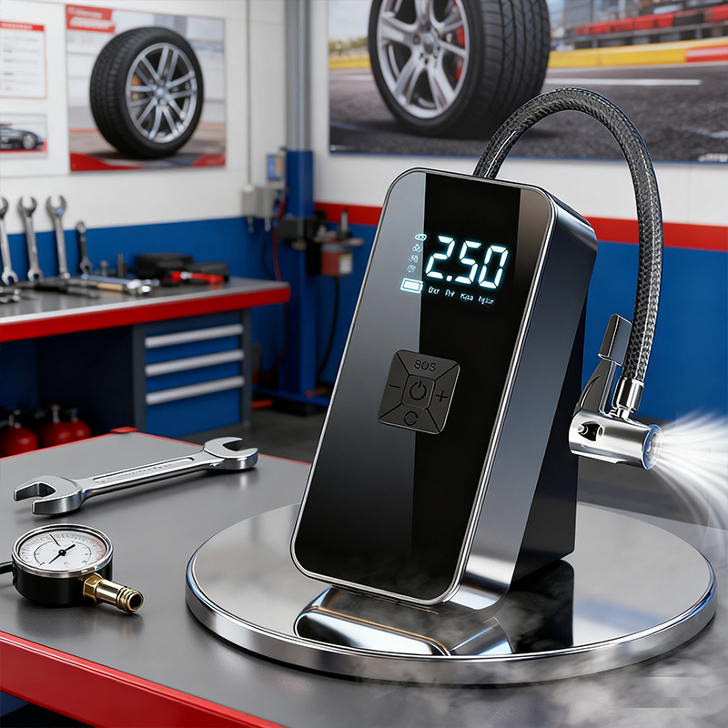 Автомобилен преносим безжичен компресор за гуми с цифров дисплей (12V | 25 л/мин | USB зареждане | LED осветление | манометър за налягането)
