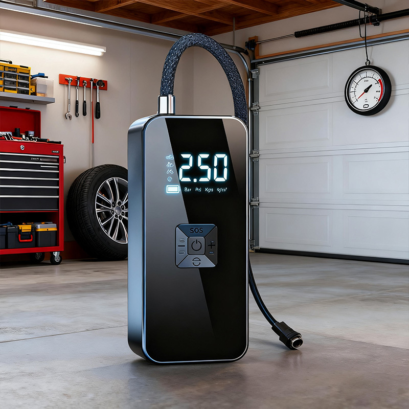 Автомобилен преносим безжичен компресор за гуми с цифров дисплей (12V | 25 л/мин | USB зареждане | LED осветление | манометър за налягането)
