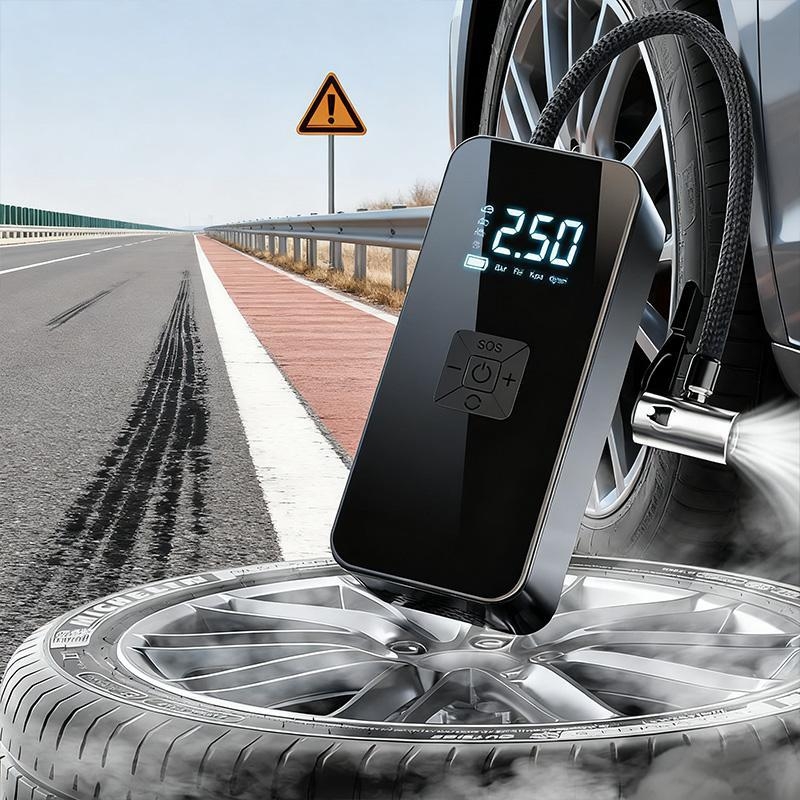 Автомобилен преносим безжичен компресор за гуми с цифров дисплей (12V | 25 л/мин | USB зареждане | LED осветление | манометър за налягането)