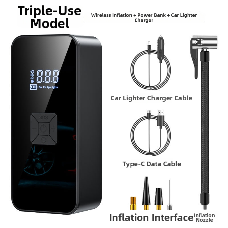 Автомобилен преносим безжичен компресор за гуми с цифров дисплей (12V | 25 л/мин | USB зареждане | LED осветление | манометър за налягането)