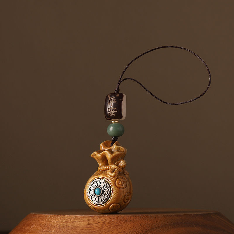 Kulcstartó szantálfából, pénztárca alakú mintával és hatszótagú mantrával, uniszex medál, telefonlánccal