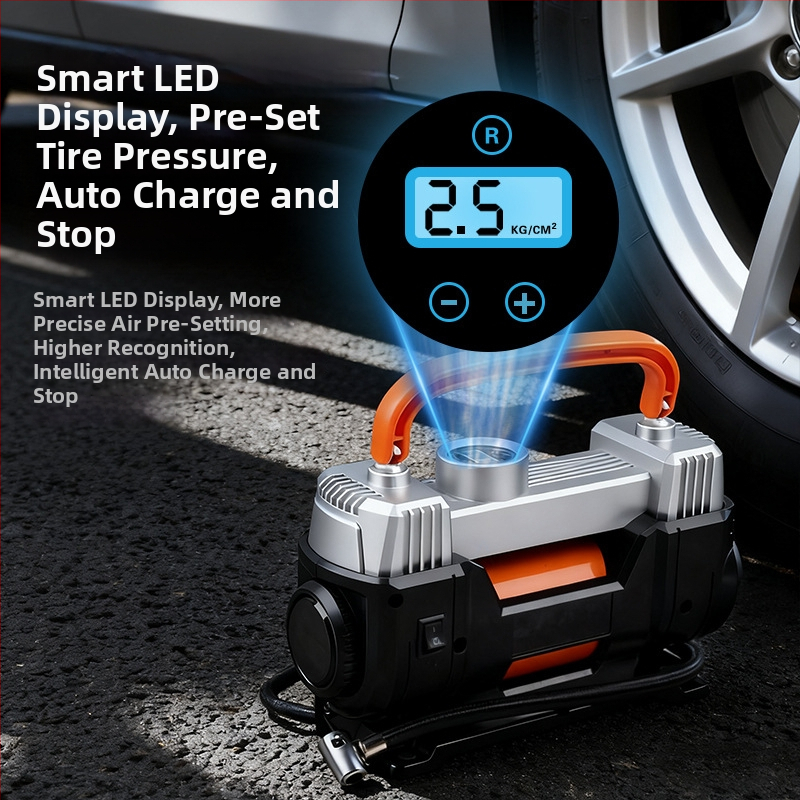Dvojvalcová automobilová pumpa na pneumatiky s digitálnym displejom, 12V, 180W, 60 L/min, 3 m kábel, prenosná