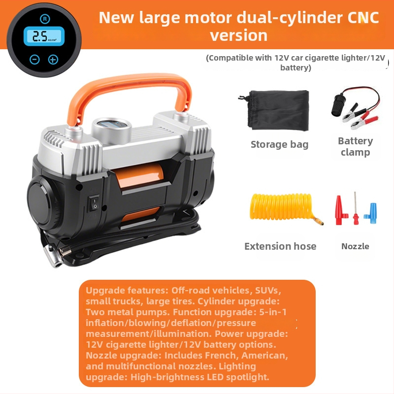 Dvojvalcová automobilová pumpa na pneumatiky s digitálnym displejom, 12V, 180W, 60 L/min, 3 m kábel, prenosná