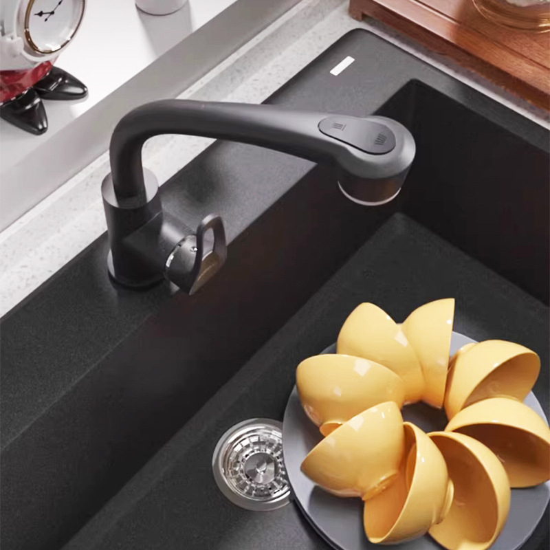 Konyhai mosogatótáp visszahúzható fejjel, emelő funkcióval, kettős kiáramlás, sárgaréz test, kerámia szeleppel, 20 mm bemenet/kimenet