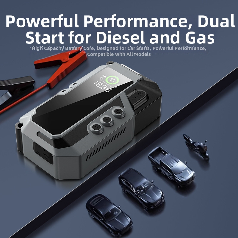 Automobiļu ārkārtas palaišanas avots ar 12V izeju, 5V ieeju, iekšējo gaisa sūknu, Li-ion akumulatoru, lielu ietilpību