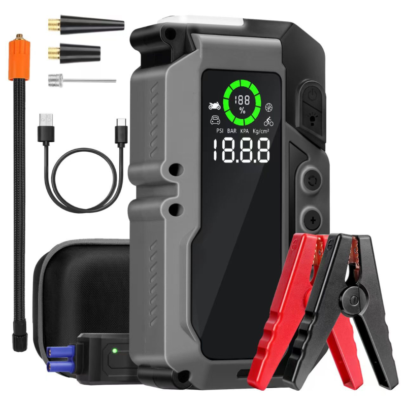 Autóvészhelyzeti indító 12V kimenet, 5V bemenet, beépített levegőpumpa, lítium akkumulátor, nagy kapacitás