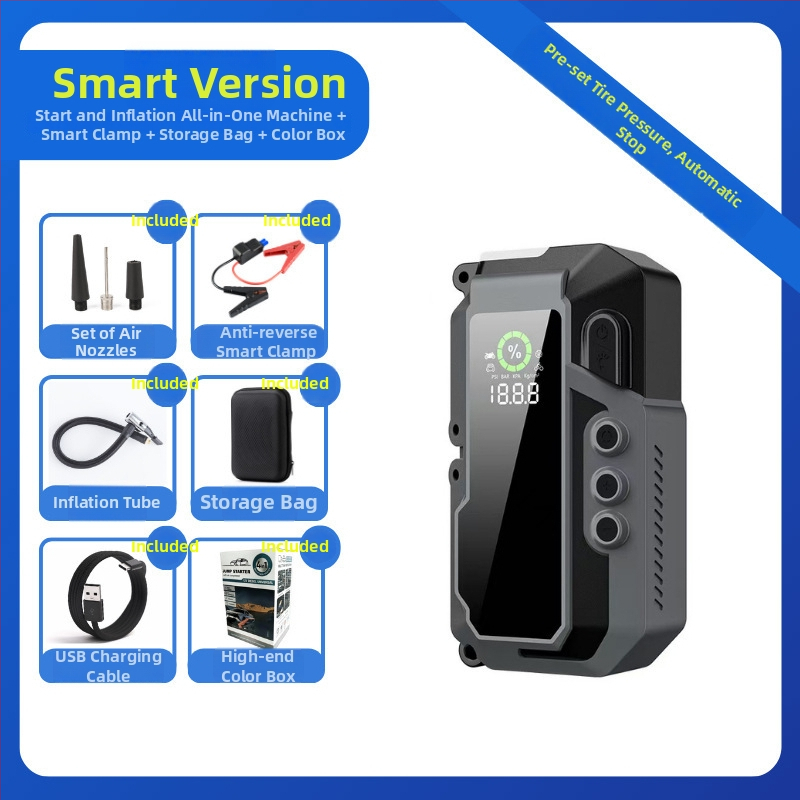 Automobiļu ārkārtas palaišanas avots ar 12V izeju, 5V ieeju, iekšējo gaisa sūknu, Li-ion akumulatoru, lielu ietilpību