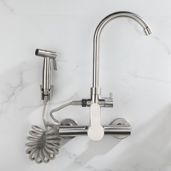 Vstavaný do steny kuchynský mixér s dvojitým otvorom, miešanie horúcej a studenej vody, otočný výtok so striekacou hlavou, nerezová oceľ, keramický kartuš, 0–90°C, 1.6 MPa