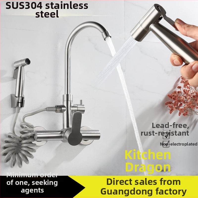 Vstavaný do steny kuchynský mixér s dvojitým otvorom, miešanie horúcej a studenej vody, otočný výtok so striekacou hlavou, nerezová oceľ, keramický kartuš, 0–90°C, 1.6 MPa