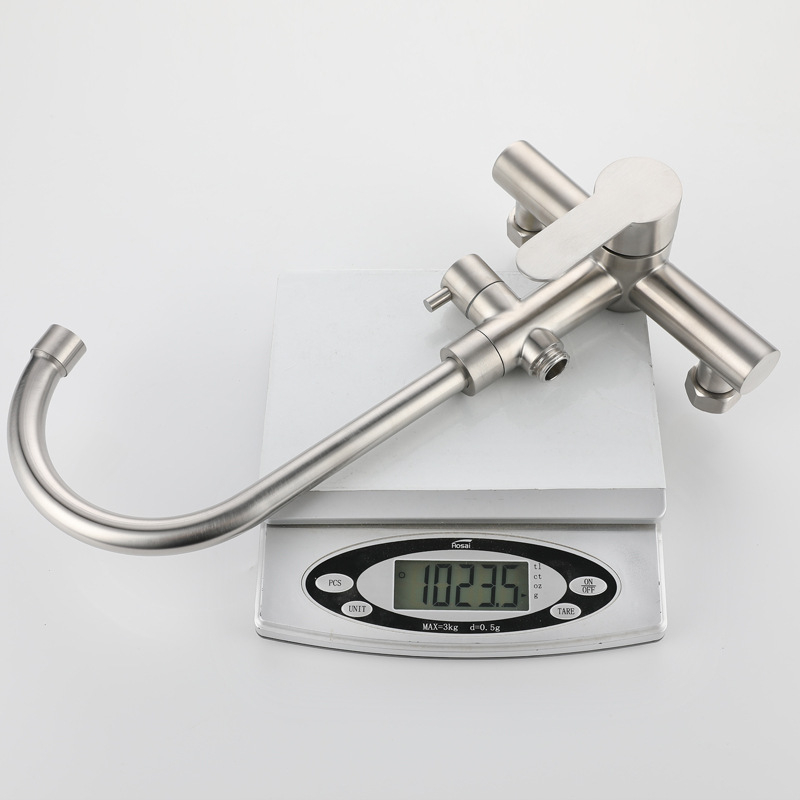 Vstavaný do steny kuchynský mixér s dvojitým otvorom, miešanie horúcej a studenej vody, otočný výtok so striekacou hlavou, nerezová oceľ, keramický kartuš, 0–90°C, 1.6 MPa