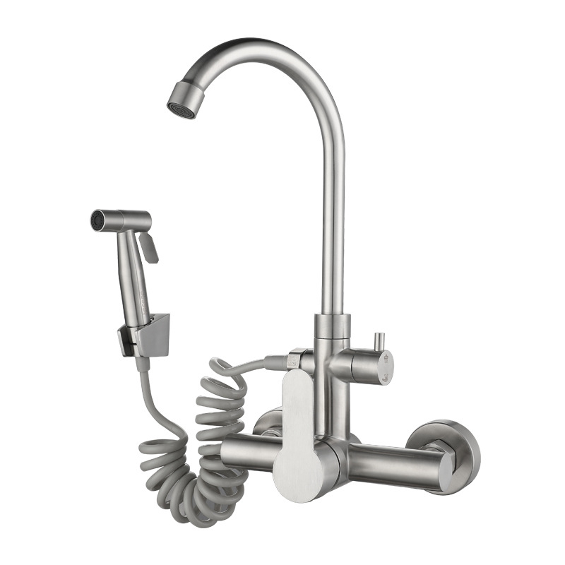 Vstavaný do steny kuchynský mixér s dvojitým otvorom, miešanie horúcej a studenej vody, otočný výtok so striekacou hlavou, nerezová oceľ, keramický kartuš, 0–90°C, 1.6 MPa