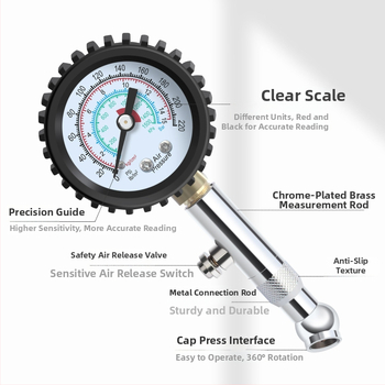 Vysoko presný tlakomer na automobilové pneumatiky s oceľovým telom, rozsah tlaku 0–16 kg, presnosť 0,02, displej s viacerými jednotkami