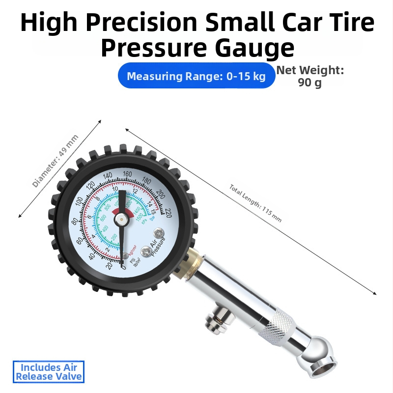 Vysoko presný tlakomer na automobilové pneumatiky s oceľovým telom, rozsah tlaku 0–16 kg, presnosť 0,02, displej s viacerými jednotkami