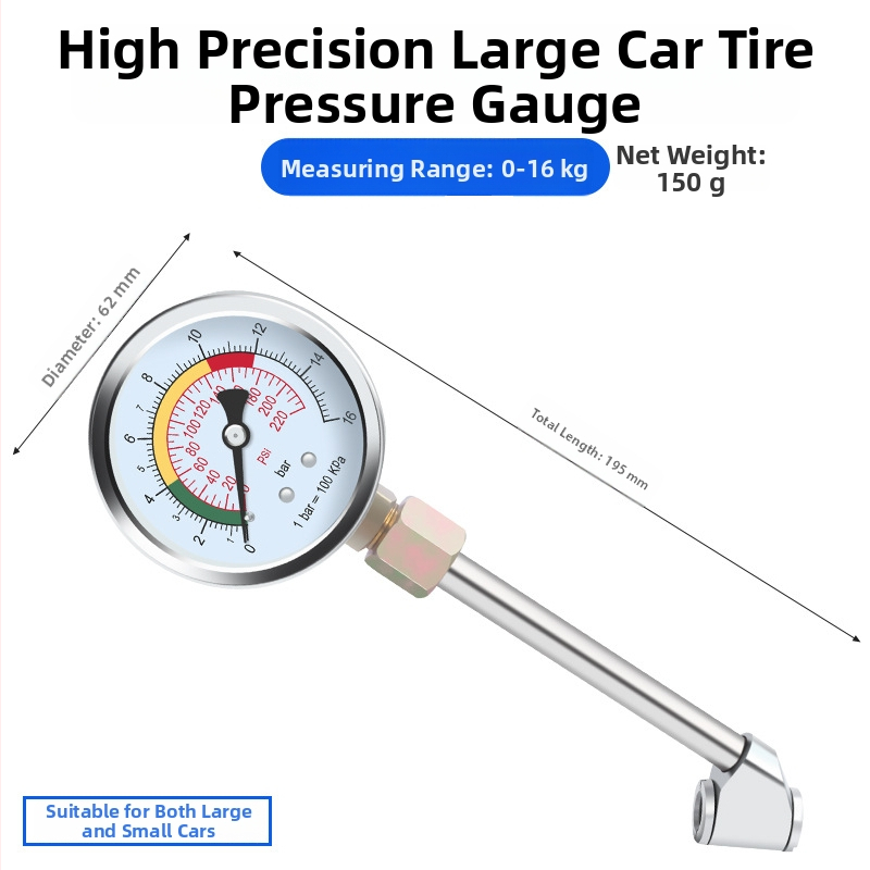 Vysoko presný tlakomer na automobilové pneumatiky s oceľovým telom, rozsah tlaku 0–16 kg, presnosť 0,02, displej s viacerými jednotkami